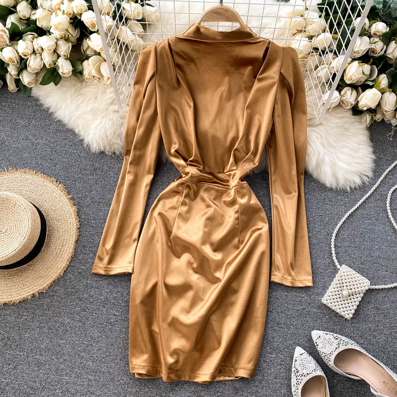 Deep V-Neck Satin Sexy Bodycon Elegant Long Sleeve Draped Party