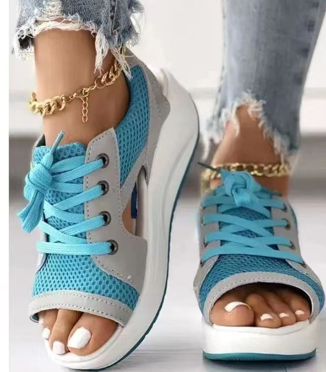 Chic Contrast Paneled Lace-Up Muffin Sandals