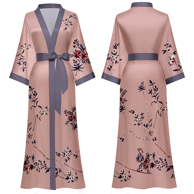 Nightgown Women's Spring And Autumn Long Sleeve Satin Ice Silk National Style Ink Pajamas Summer Bathrobe Dressing Gown