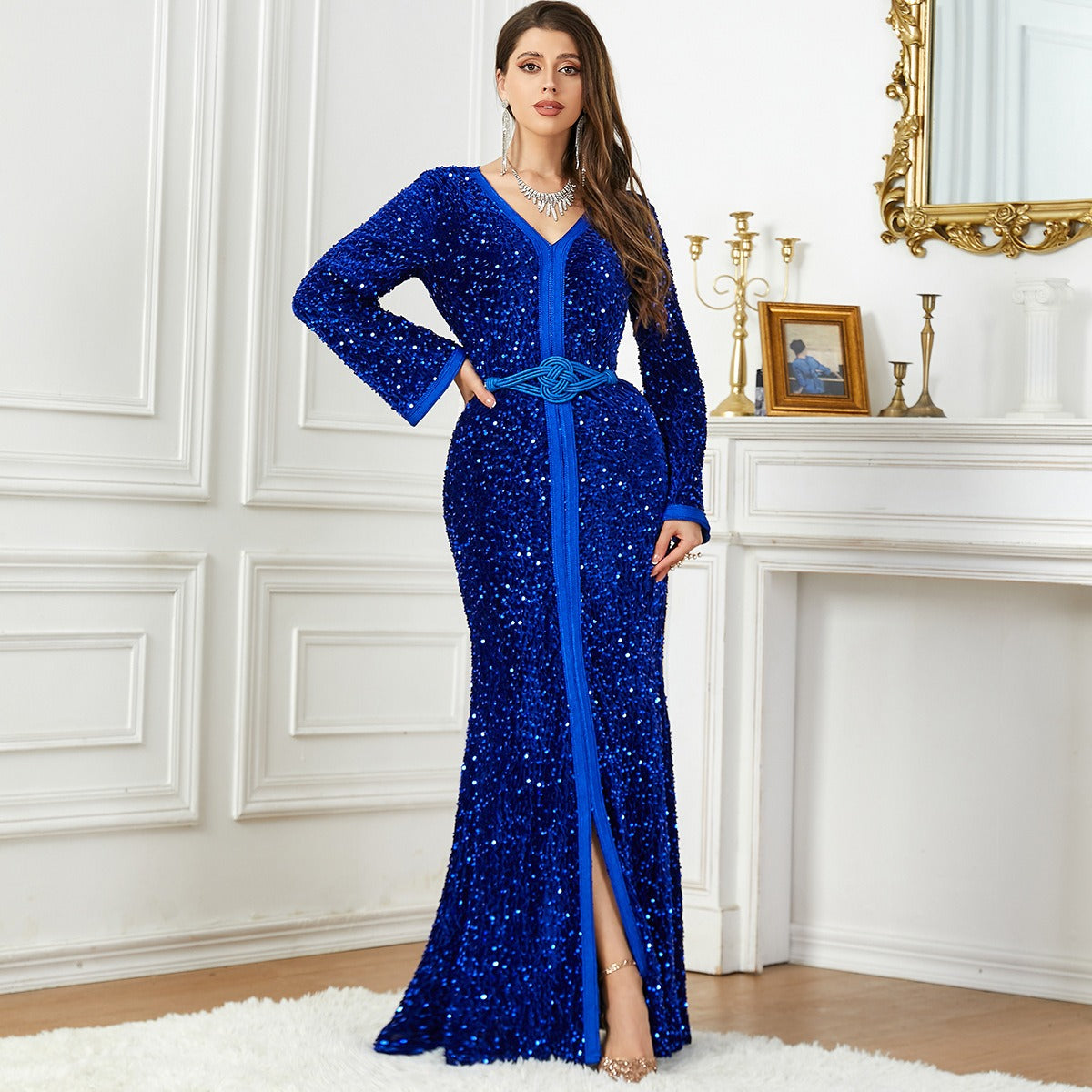 Fashionable Pearl Velvet Evening Dress