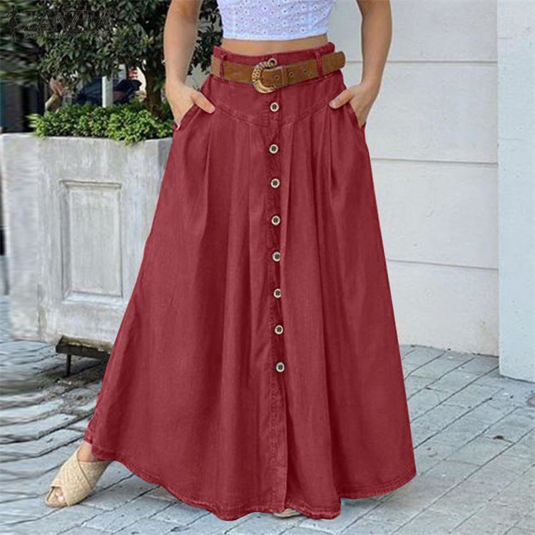 This Fall Long Skirt Button High Waist Solid Color Pocket Casual Skirt