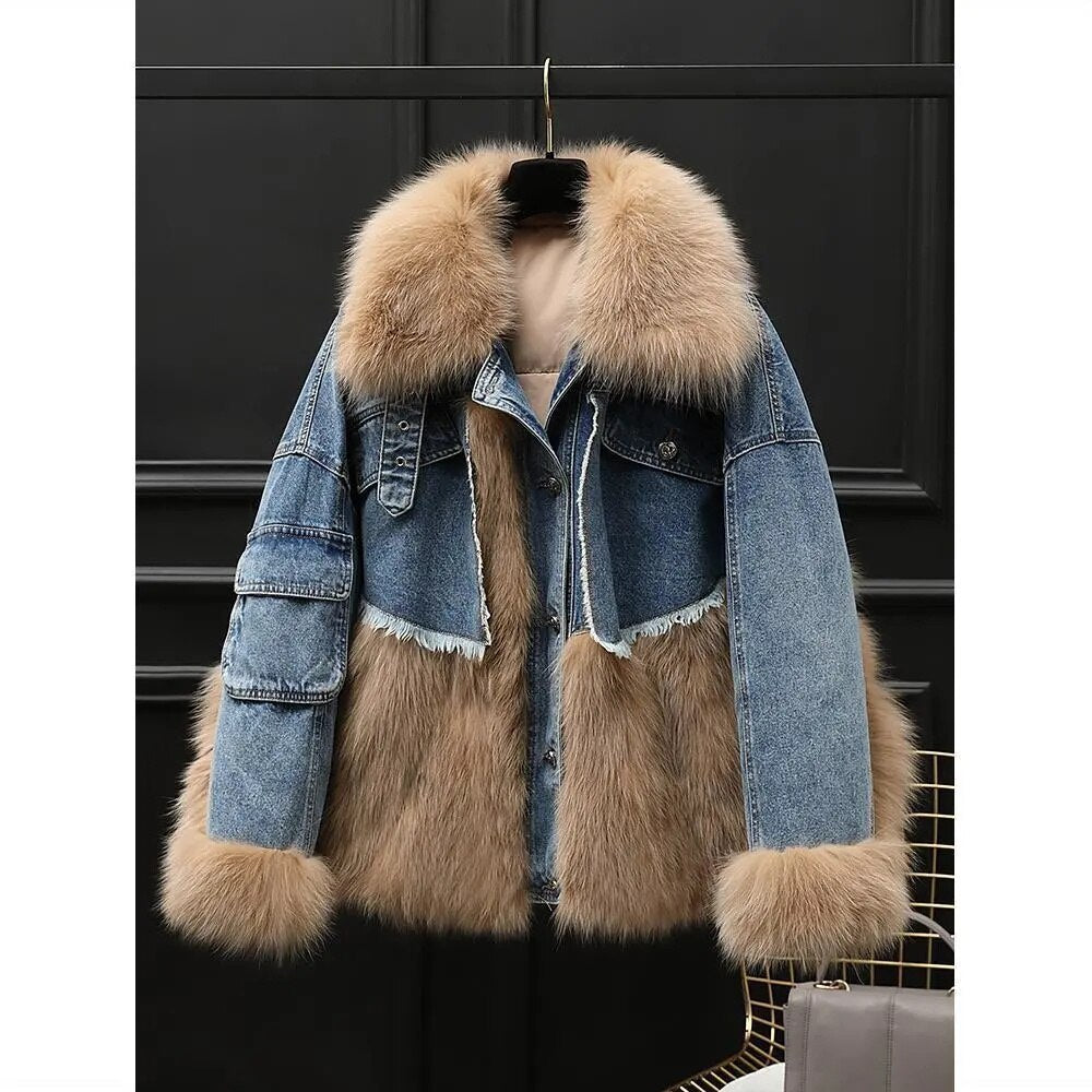 Winter New Denim Stitching Fur Coat Imitation Wool Loose Wool Plus Cotton Thick Cotton Coat