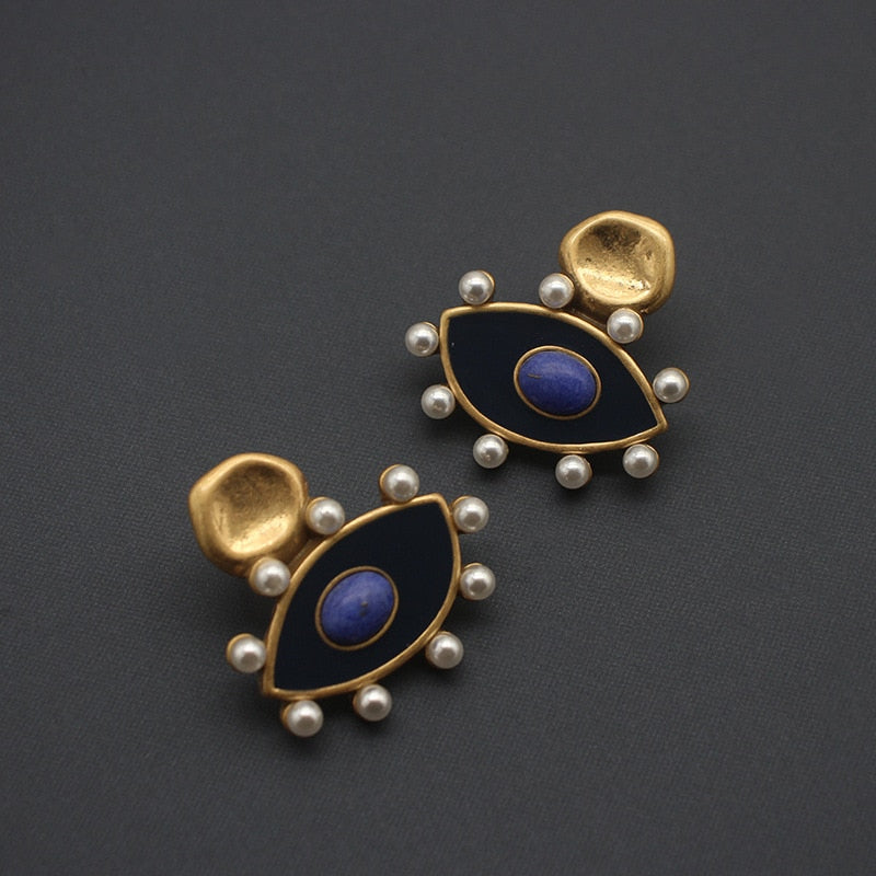 Eye Enamel Stone Vintage Pearl Stud Earrings