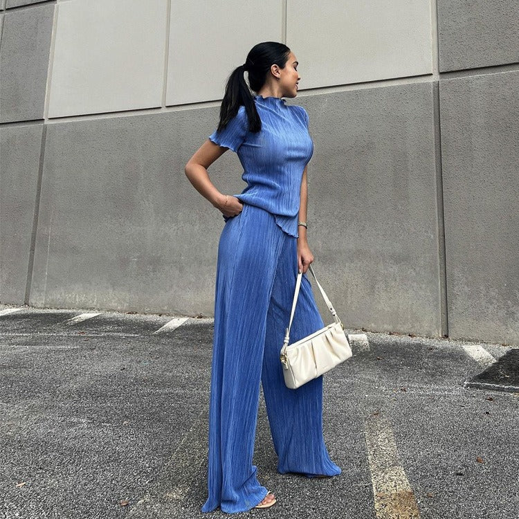 High waisted blue pleated mop pants casual set