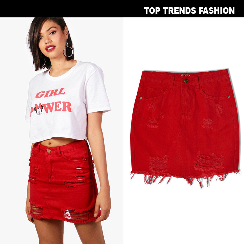 High Waist Denim Skirt: Big Red Irregular Holes