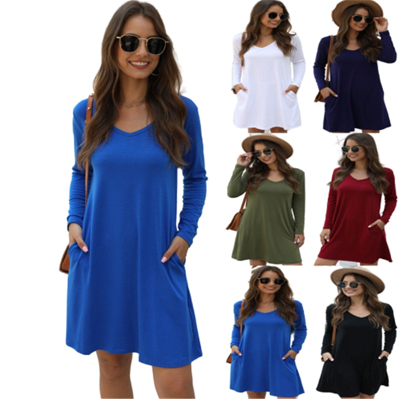 Solid V-Neck Pocket T-Shirt Dress