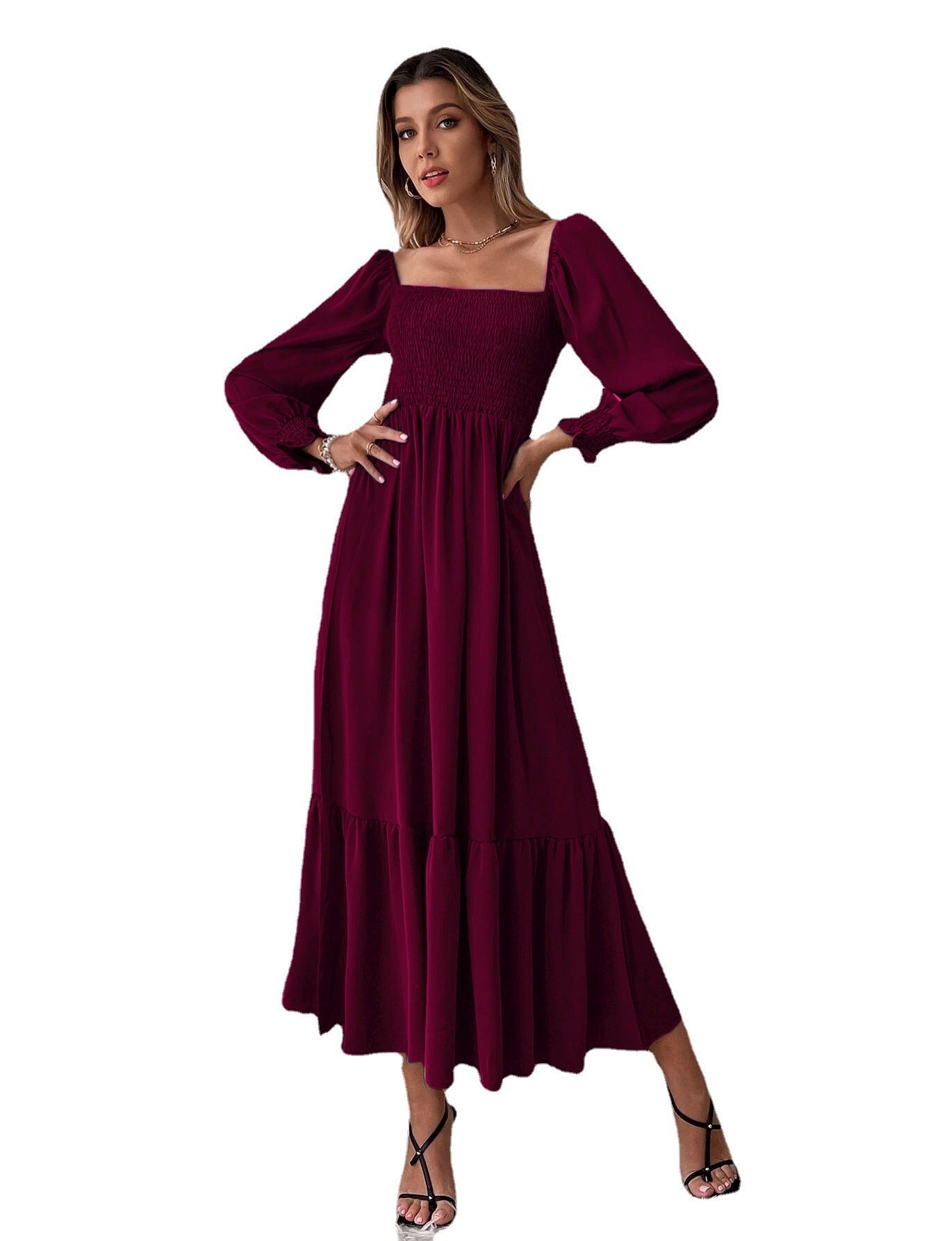 Pullover Square Neck Long Sleeve Ruffles Dress