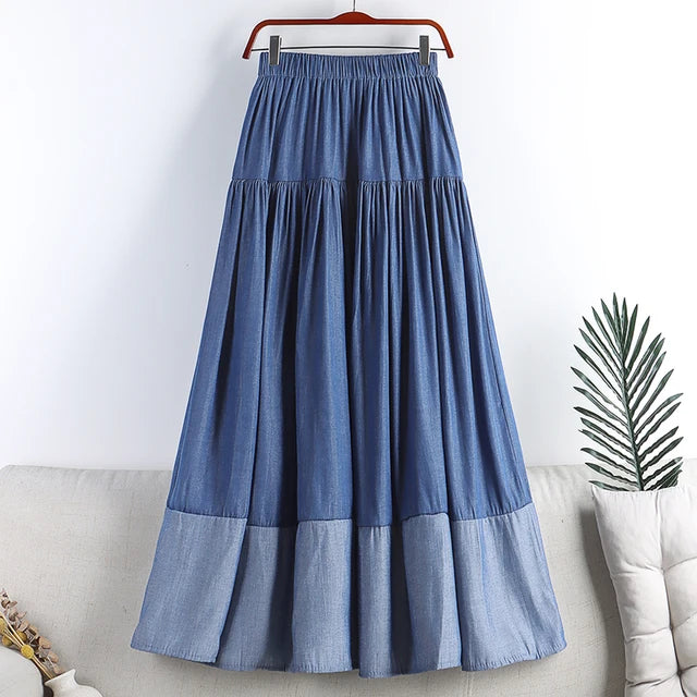 Vintage Long Patchwork Denim Skirt High Waist Retro A-line Jeans