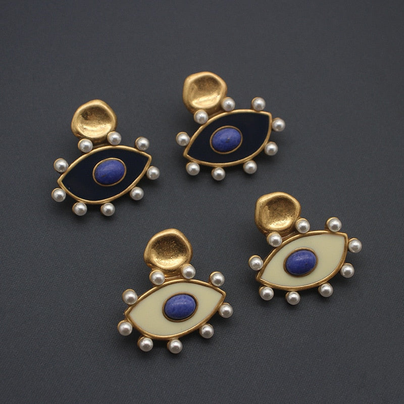 Eye Enamel Stone Vintage Pearl Stud Earrings