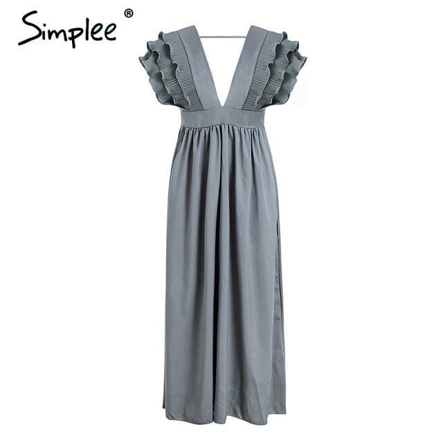 Elegant v neck long Ruffles high waist evening party dress