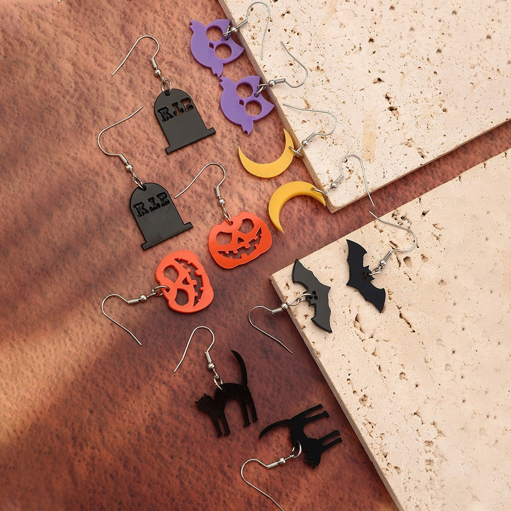 Halloween Geometric Acrylic Earrings Set - 6 Pairs Bat, Cat, Owl, Moon & Pumpkin Ear Hooks