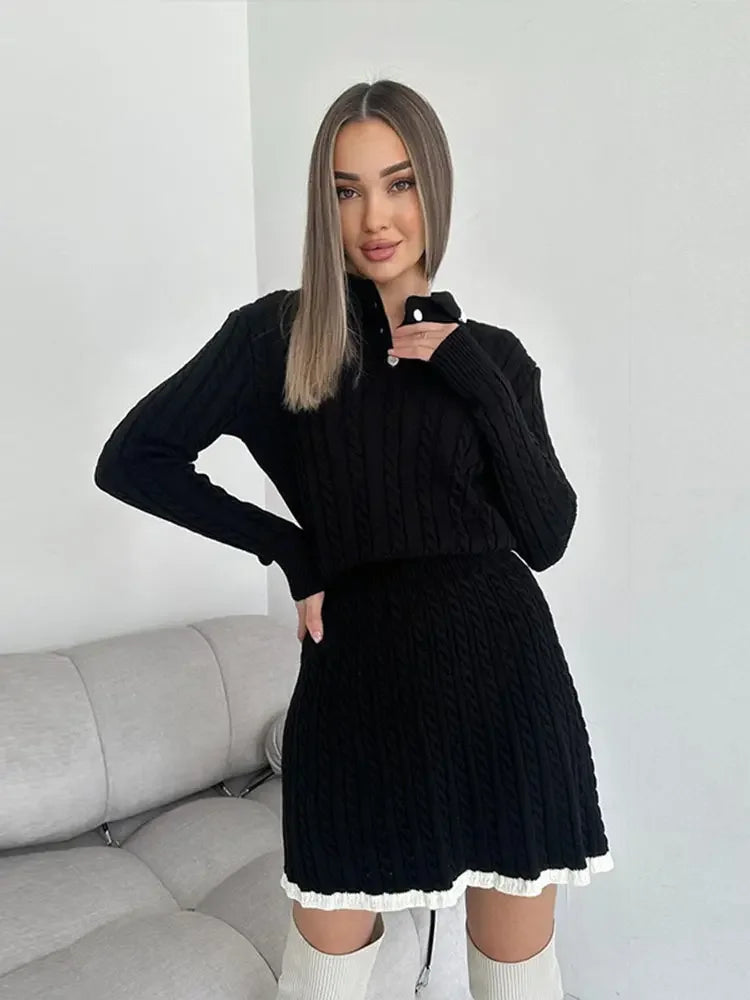 The Bella Knitted Two-Piece Set – Long Sleeve Button Top & Pleated Mini Skirt