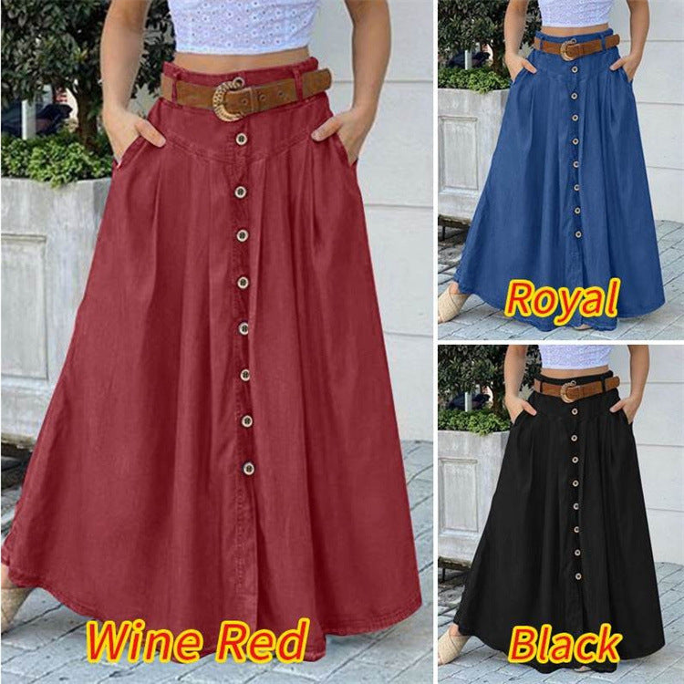 This Fall Long Skirt Button High Waist Solid Color Pocket Casual Skirt