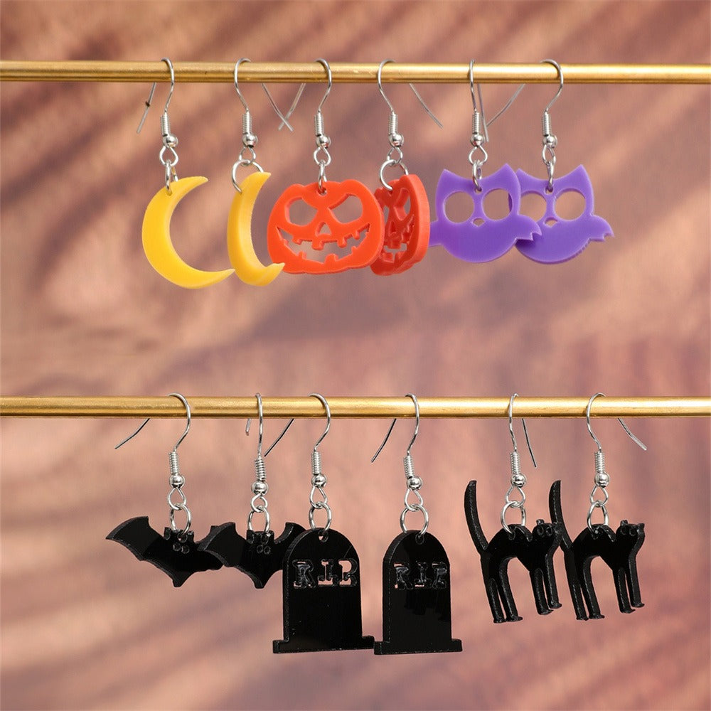 Halloween Geometric Acrylic Earrings Set - 6 Pairs Bat, Cat, Owl, Moon & Pumpkin Ear Hooks