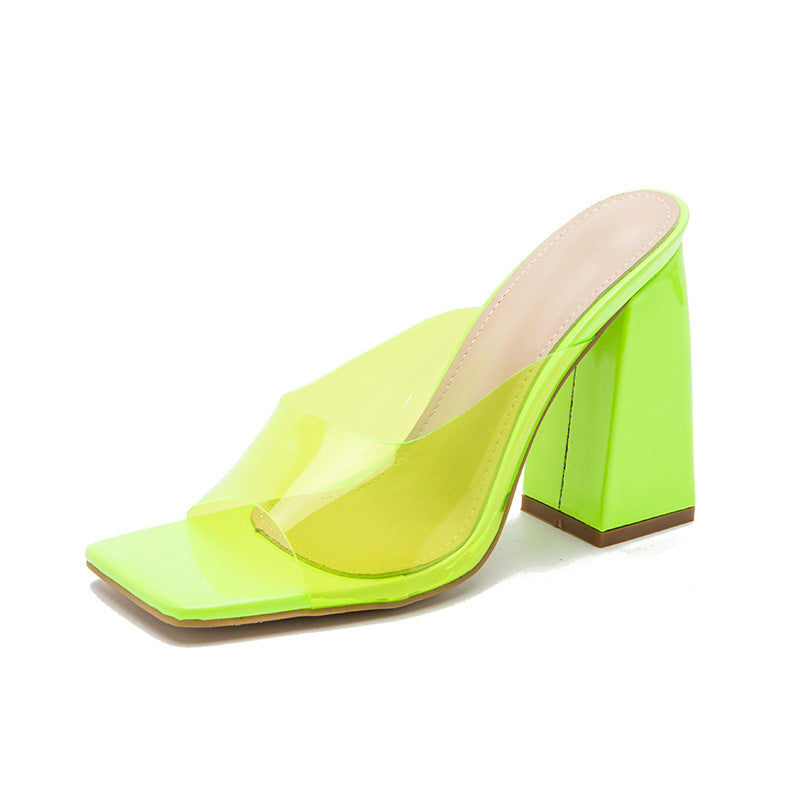 EYE CATCHING Candy-Colored Sandals Women's Summer New Large Yard Square Toe Chunky Heels High-Heeled Sandals And Slippers