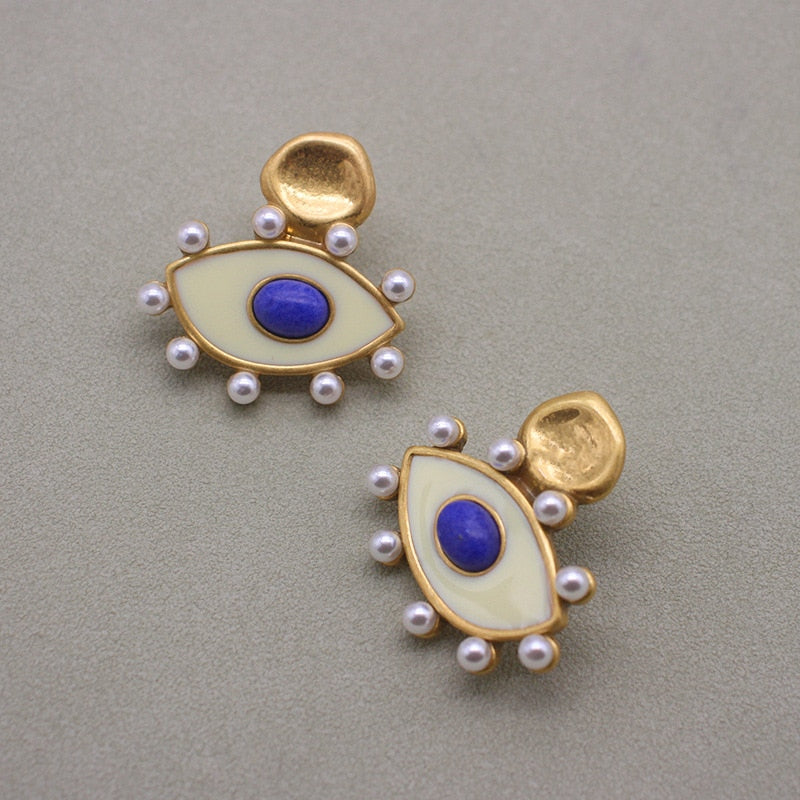 Eye Enamel Stone Vintage Pearl Stud Earrings