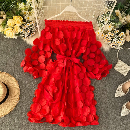 3D Flower Off-Shoulder Chiffon Dress