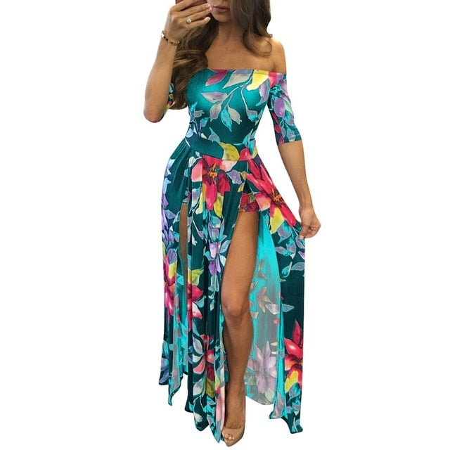 Woman Sexy playsuit Off Schouder Floral Party Short Sleeve Bodycon Cloth High Split Party Club