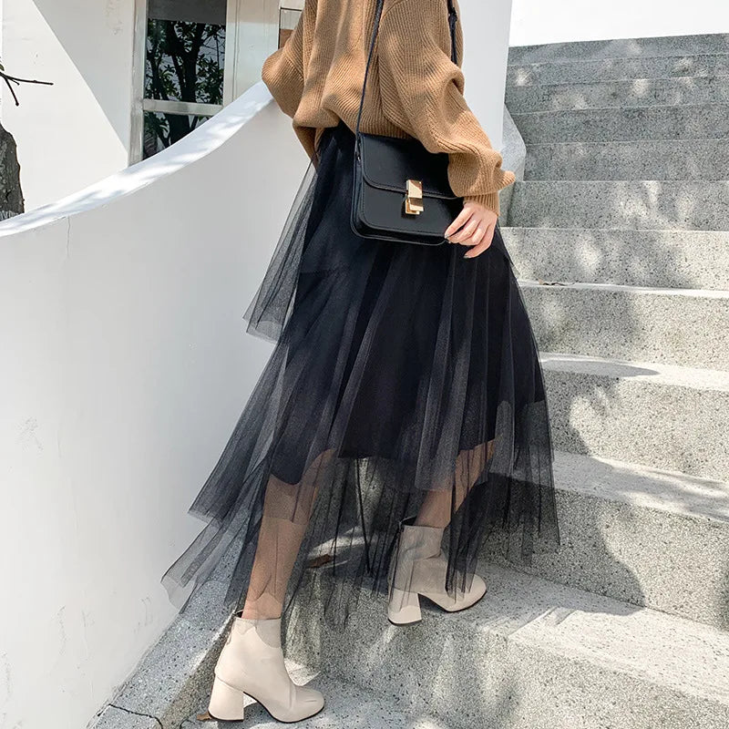 Women Elegant Asymmetrical Cake Tulle Skirt Elastic Waist Midi Mesh Skirt For Spring Summer