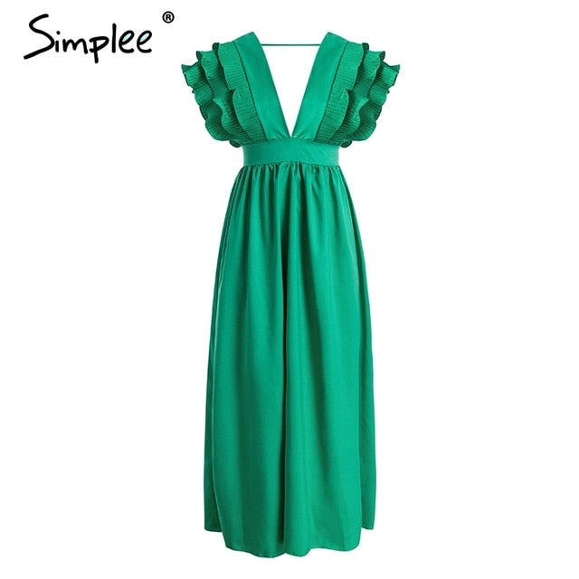 Elegant v neck long Ruffles high waist evening party dress