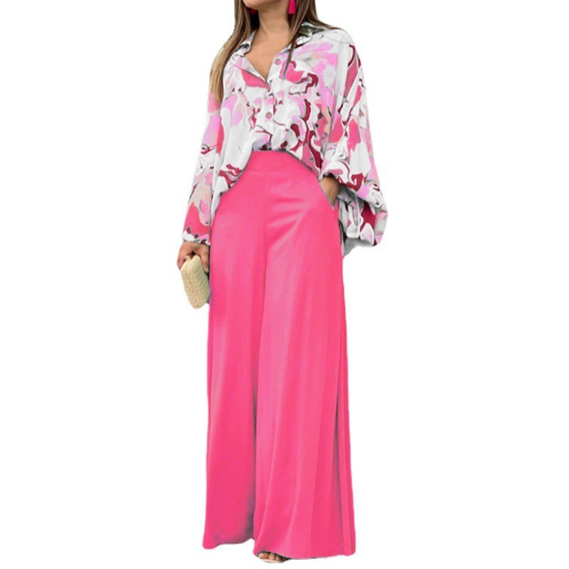 Elegant wide leg pants printed shirt casual set