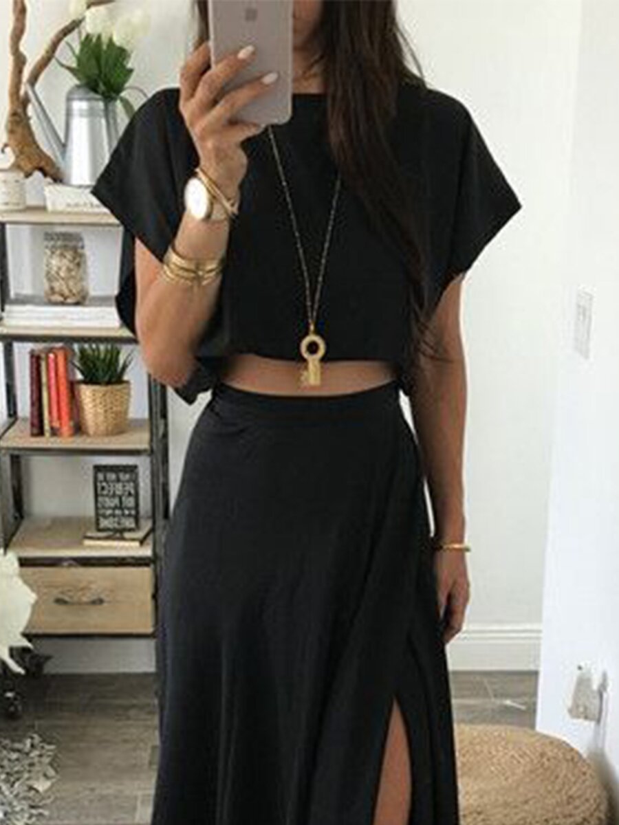 Cute Casual T-Shirt And Slit Skirt Fashion Set