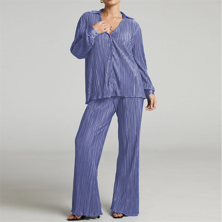 Sophisticated Pleated V-Neck Shirt and Casual Pants Two-Piece Set – Elegance Redefined