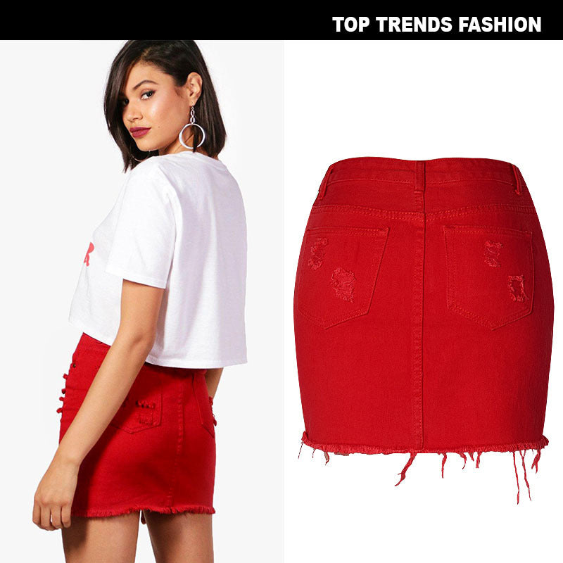 High Waist Denim Skirt: Big Red Irregular Holes