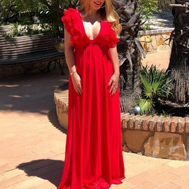 Elegant v neck long Ruffles high waist evening party dress