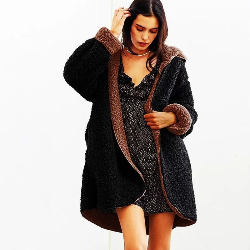 Vintage Style Redefined: Reversible Hooded Lamb Fur Jacket - Warm Bomber Coat with Soft Fleece & Double-Sided Lambswool