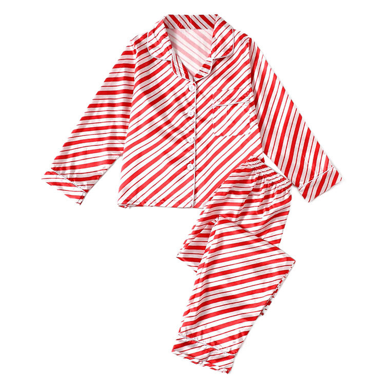 Christmas Coziness: Matching Solid Color Stripes Satin Simulation Silk Pajama Set for Parent-Child Wear