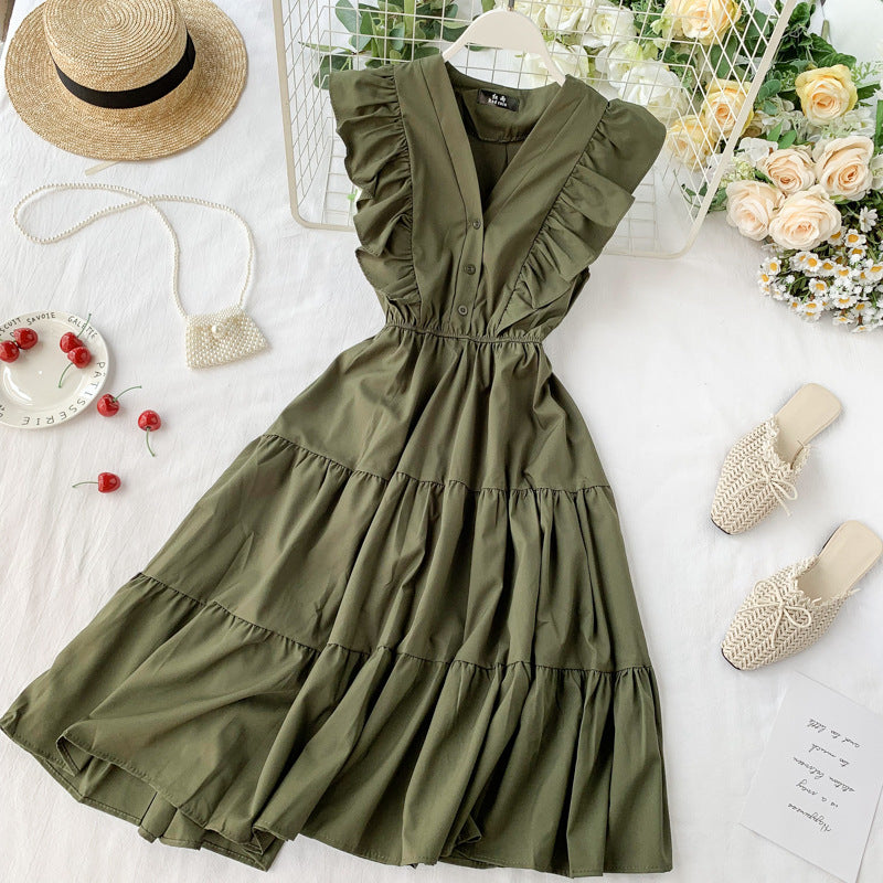 French V-Neck Ruffle Sleeveless Dress