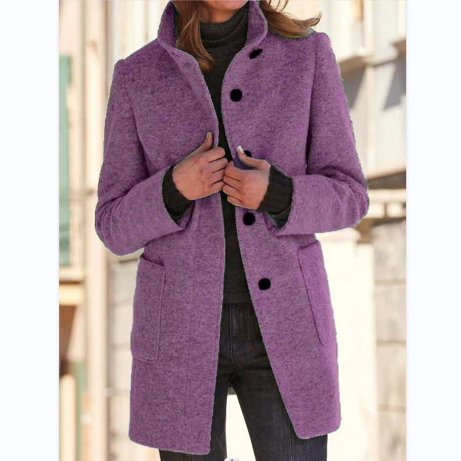 Autumn and Winter Perfect Retro Solid Button Standing Neck Woolen Coat