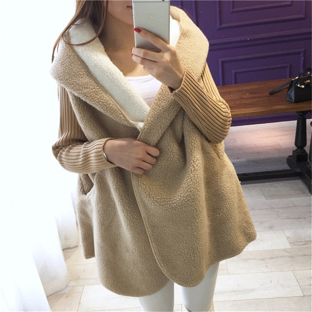 Loose Lamb Wool Cardigan Solid Color Hooded Long Fashion Coat Knitted Sleeve Stitching Warm Jacket