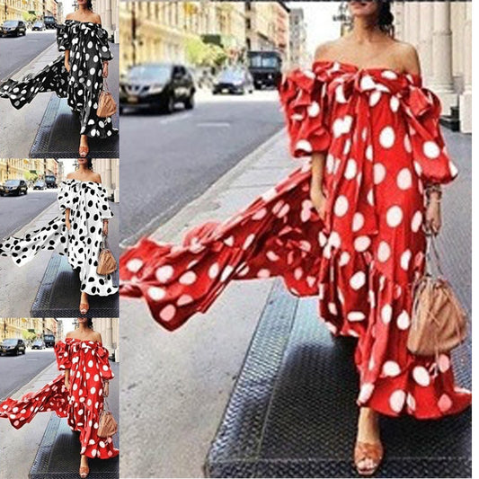 Boho Off Shoulder Polka Dot Casual Maxi Dress