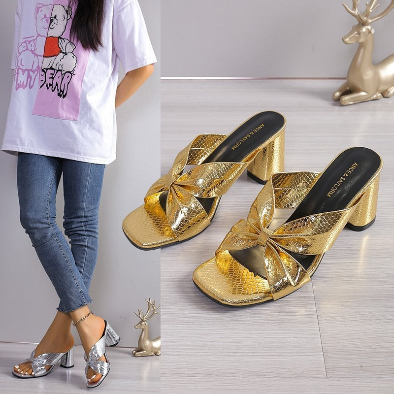 Shiny cross strap high-heeled shoes