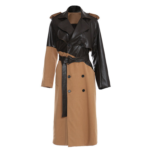 Spliced Leather Trench Coat Women's Mid-Length Temperament Over The Knee Tie Waist Khaki Coat