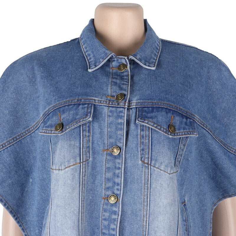 Denim Diva Delight: Batwing Sleeve Buttoned Jeans Jacket - Your Streetwear Essential for Effortless Autumn Chic