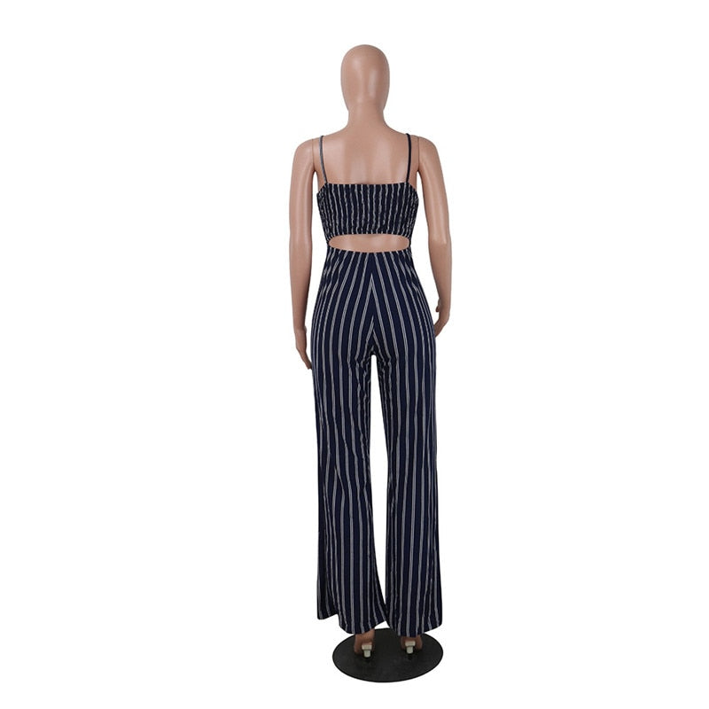 Blue Stripe Backless Jumpsuit: Casual Charm with Seduction