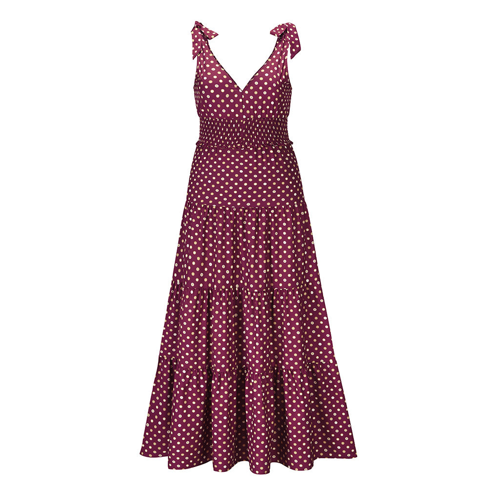 Polka Dot V-Neck Suspender Slim Fit Large Swing Long Dress