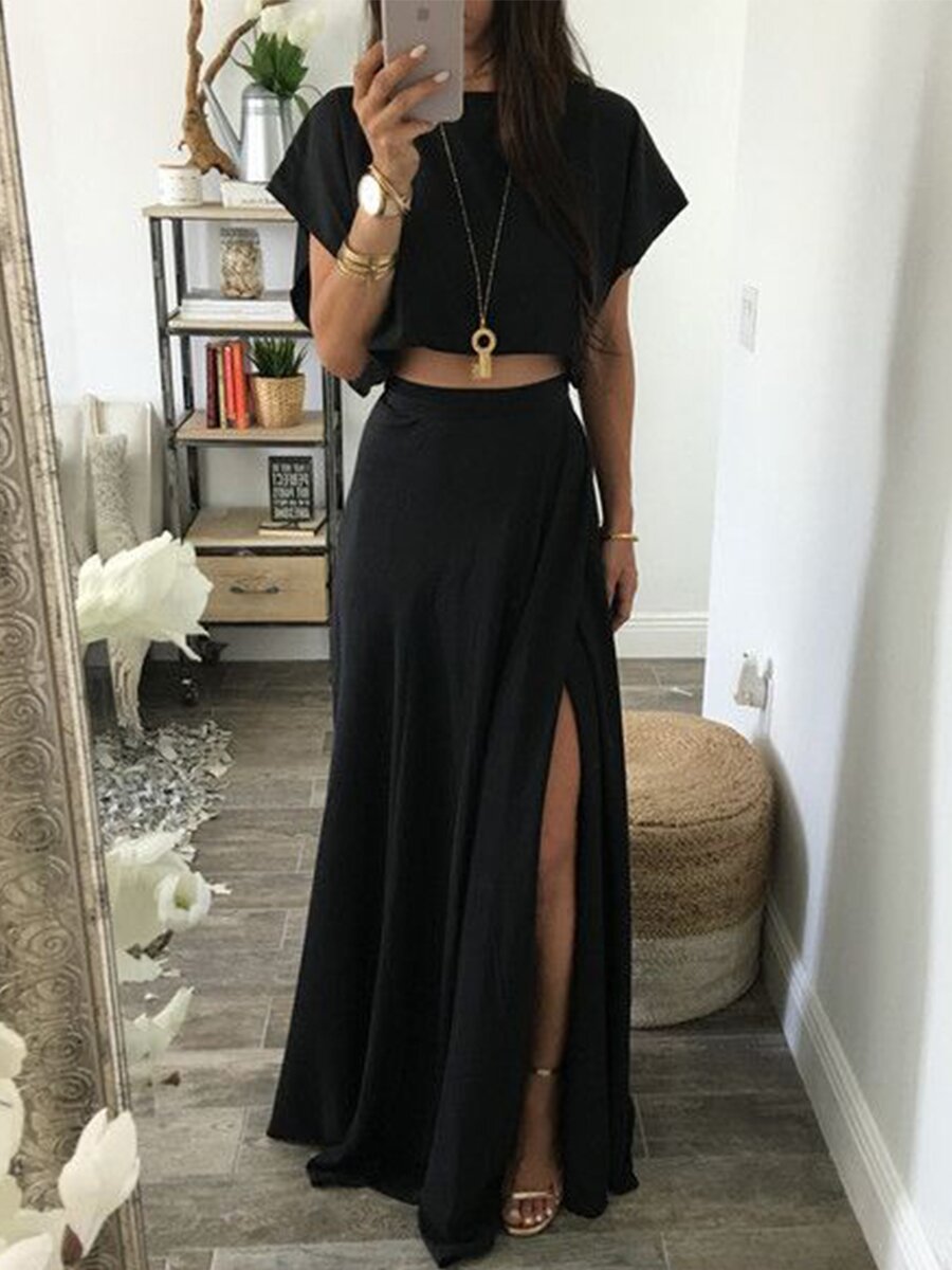 Cute Casual T-Shirt And Slit Skirt Fashion Set