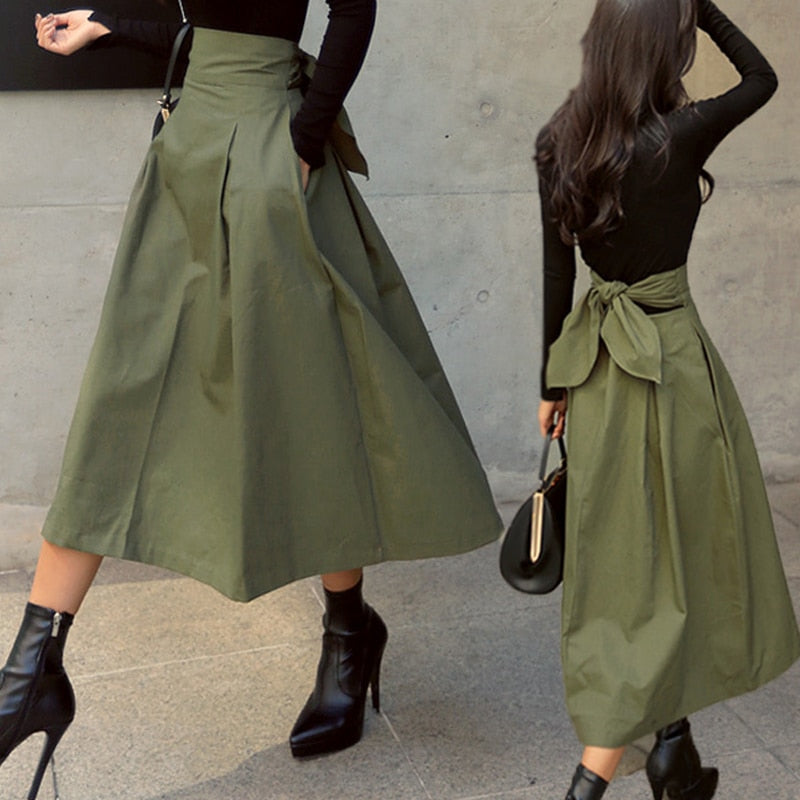 Wild High Waist Bow Big Swing Long Skirt