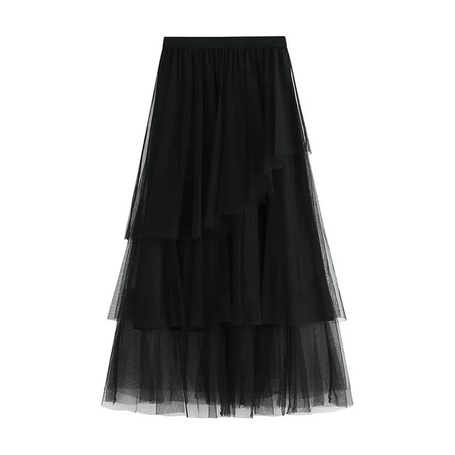 Women Elegant Asymmetrical Cake Tulle Skirt Elastic Waist Midi Mesh Skirt For Spring Summer