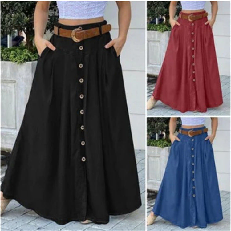 This Fall Long Skirt Button High Waist Solid Color Pocket Casual Skirt