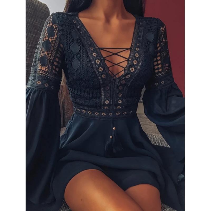 Stylish Long Sleeve Lace-Up V-Neck Dress