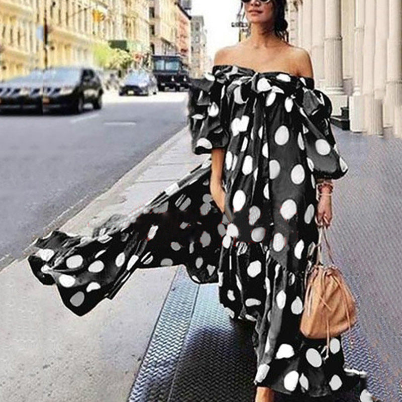 Boho Off Shoulder Polka Dot Casual Maxi Dress