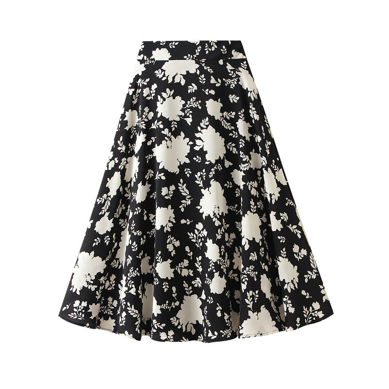 French Retro Floral A-Line skirt: Green Large Flowers