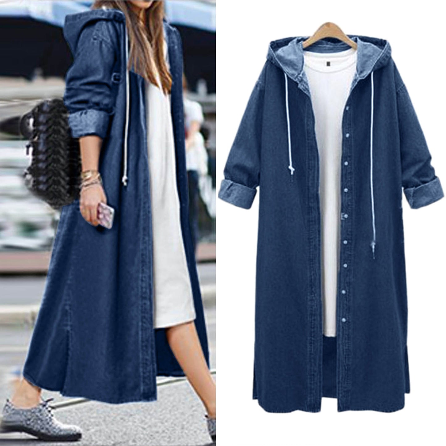 Winter Hooded Denim Coat: Women's Long Overcoat