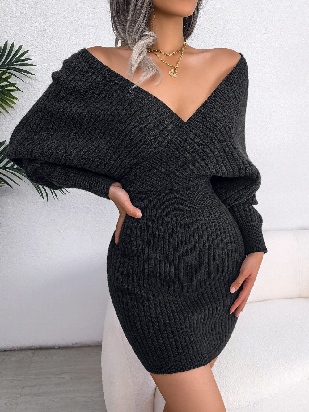 Sexy Cross V-neck Bat Hip Wrap Dress Woolen Dress