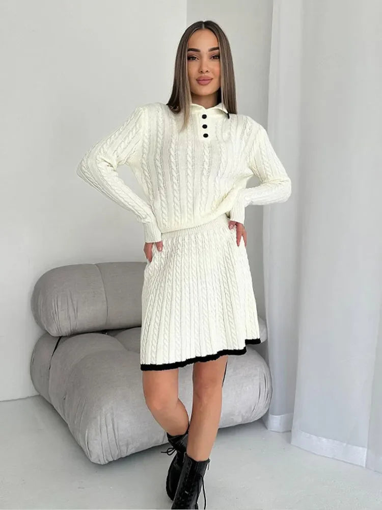 The Bella Knitted Two-Piece Set – Long Sleeve Button Top & Pleated Mini Skirt